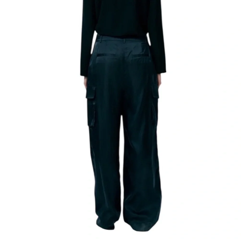 Tibi Stella Wide-Leg Satin Cargo Pants Navy Blue Size 00 - Picture 3 of 14